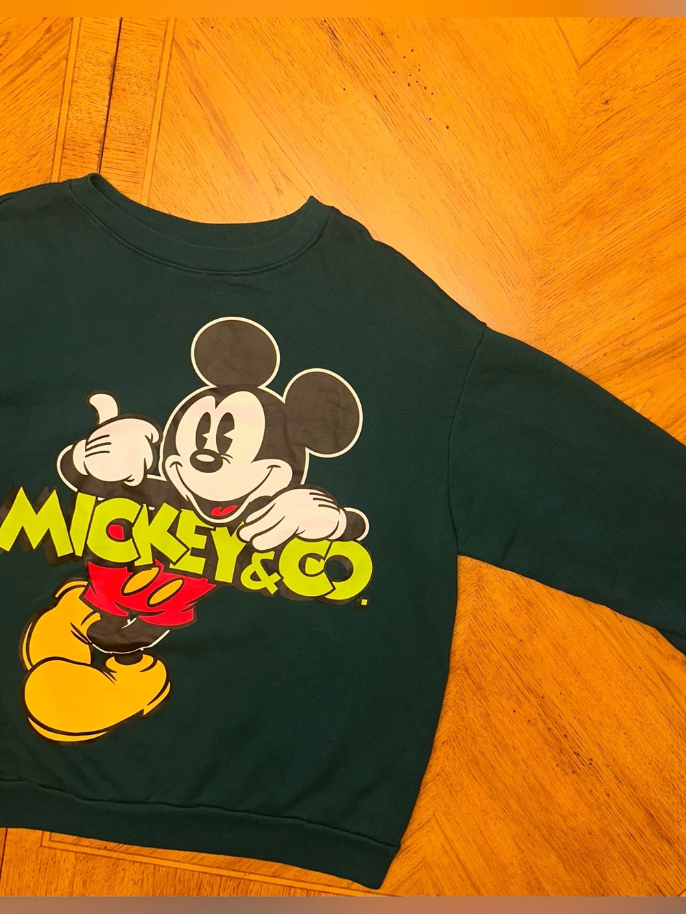 Mickey & Co. Sweatshirt Mens Size XL Green Big Graphic Spellout Disney Crew Neck